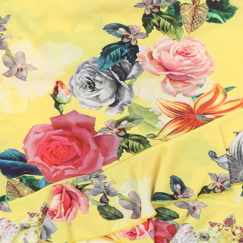 PRETTYLITTLETHING Womens Yellow Floral Polyester Pleated Skirt Size 12   Zip