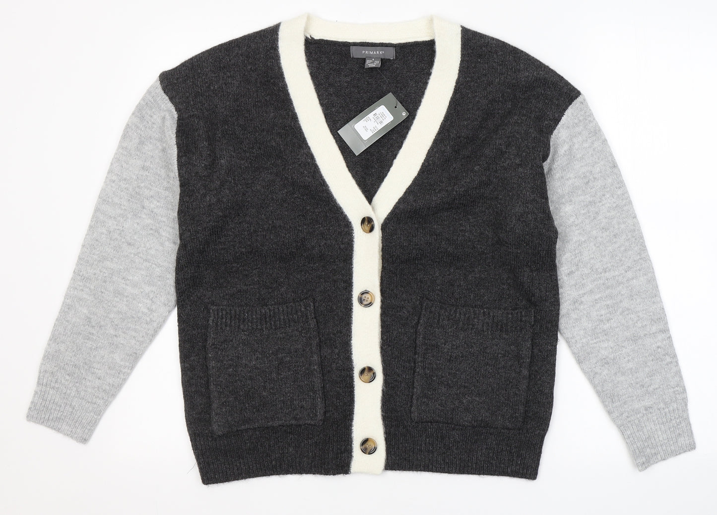 Primark Womens Grey V-Neck  Acrylic Cardigan Jumper Size S
