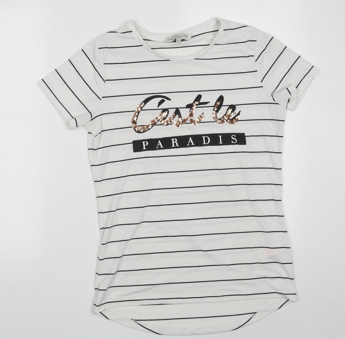 F&F Womens White Striped Polyester Basic T-Shirt Size 8 Round Neck
