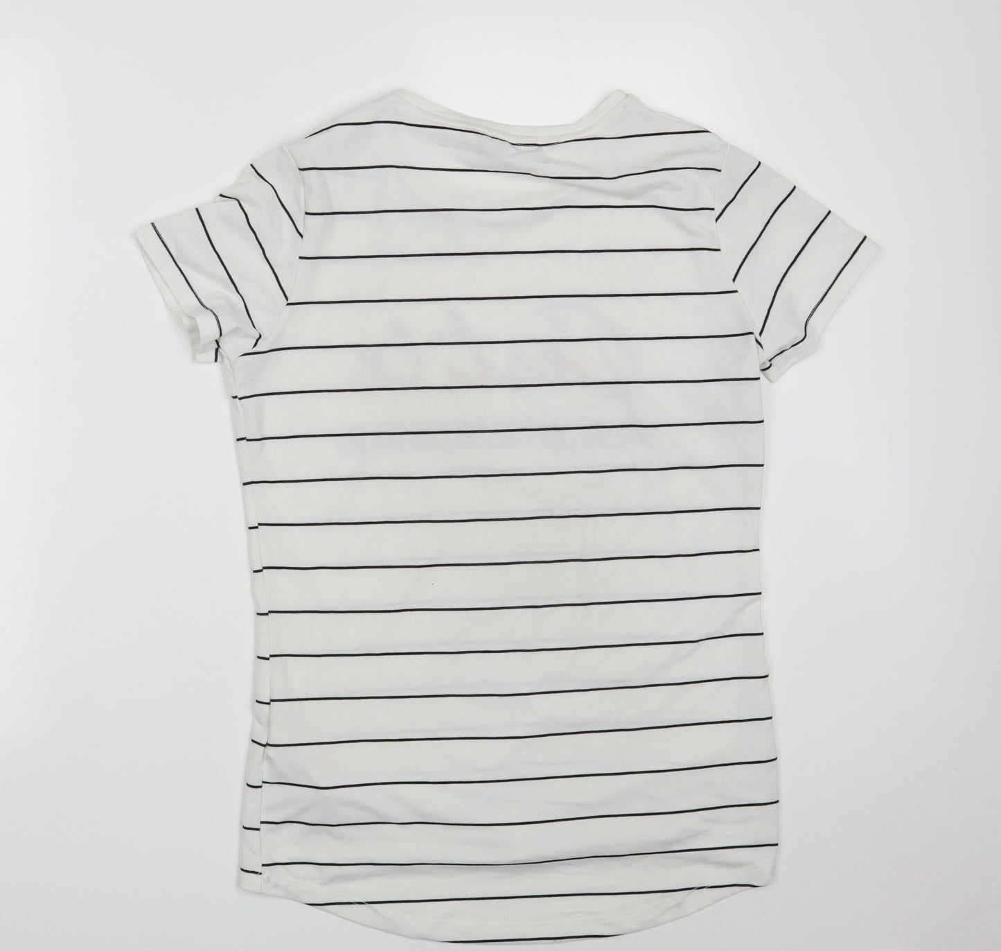 F&F Womens White Striped Polyester Basic T-Shirt Size 8 Round Neck