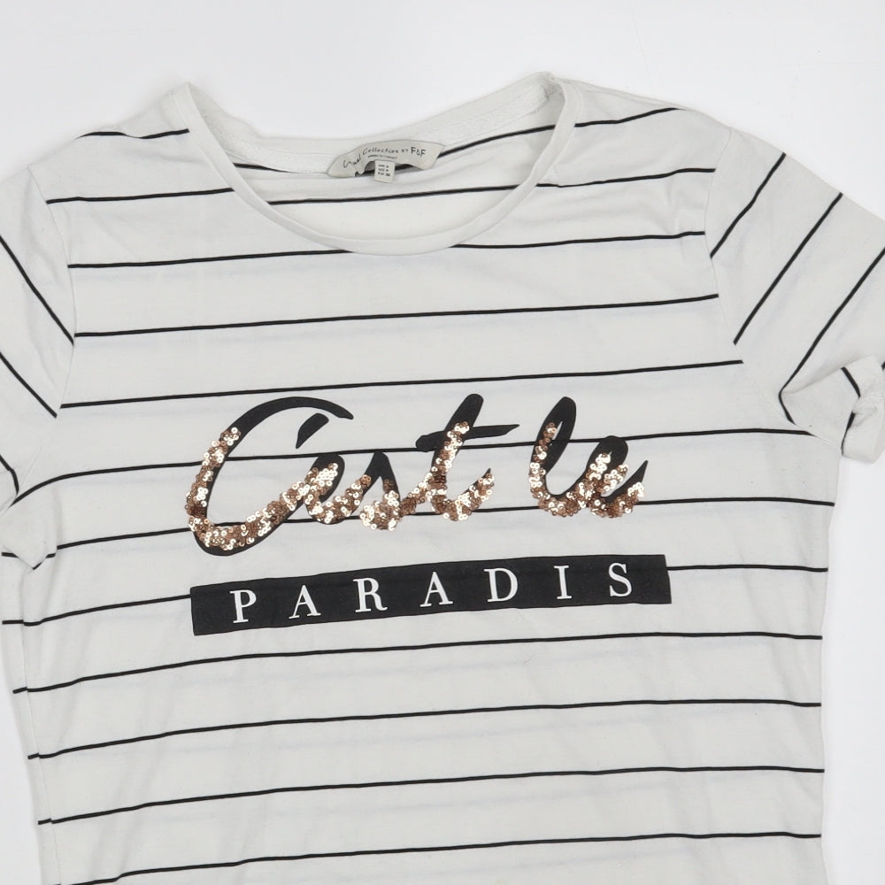 F&F Womens White Striped Polyester Basic T-Shirt Size 8 Round Neck