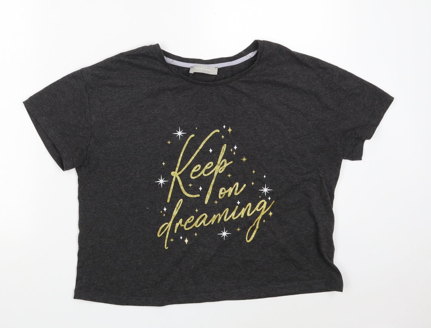New Look Womens Grey  Cotton Cropped T-Shirt Size S Round Neck - Keep On Dreaming