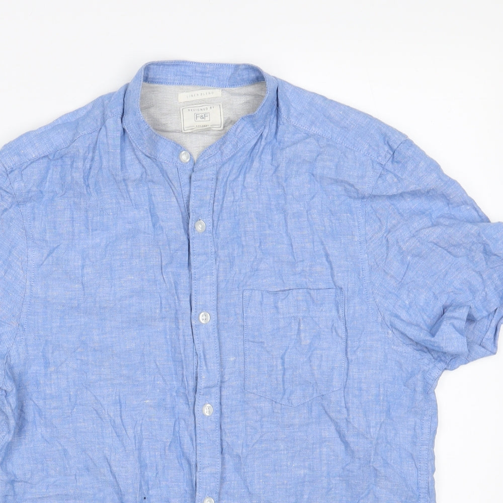F&F Mens Blue  Linen  Button-Up Size S Roll Neck Button