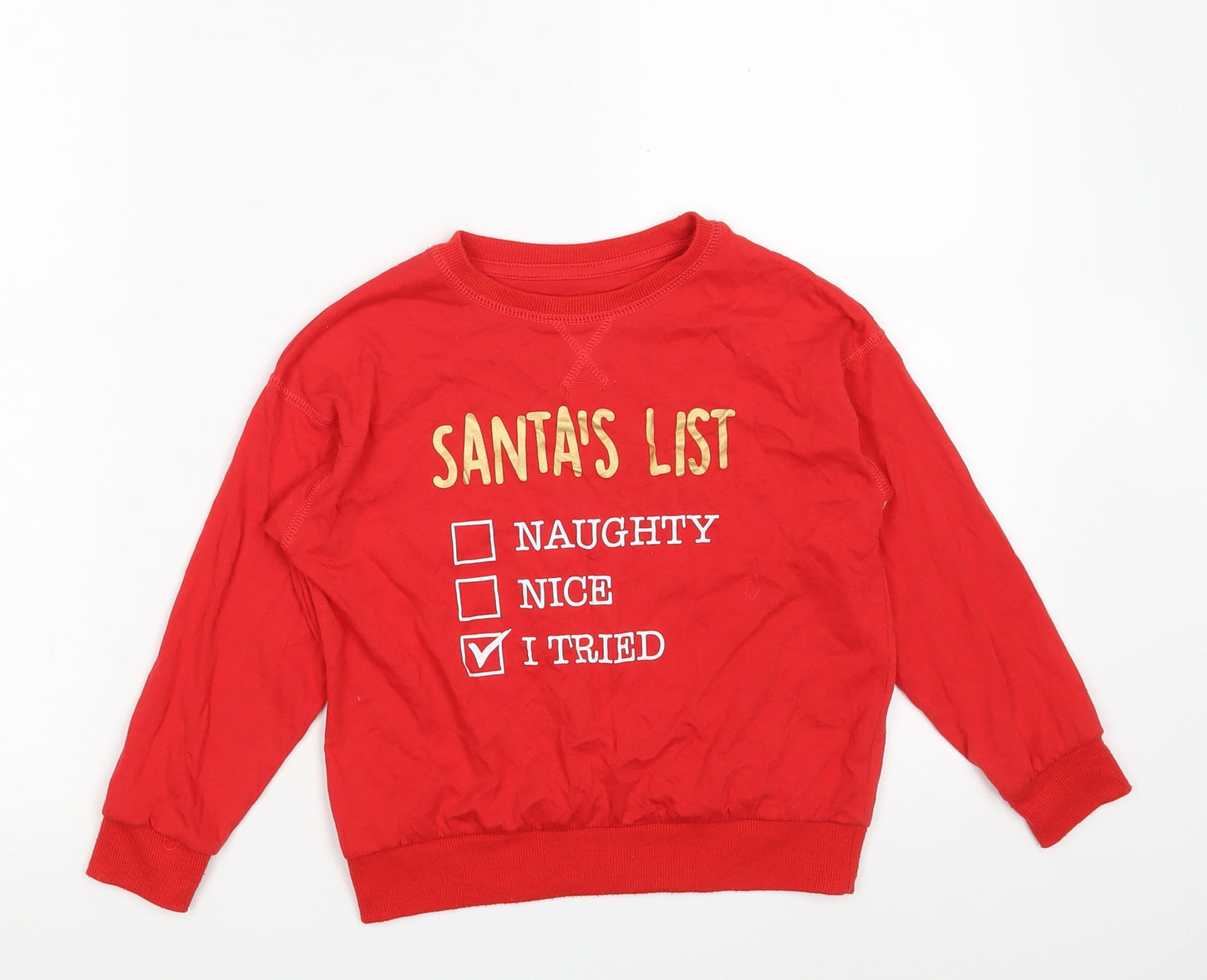 Dunnes Stores Girls Red  Cotton Pullover T-Shirt Size 6-7 Years Round Neck  - Christmas  T-shirt