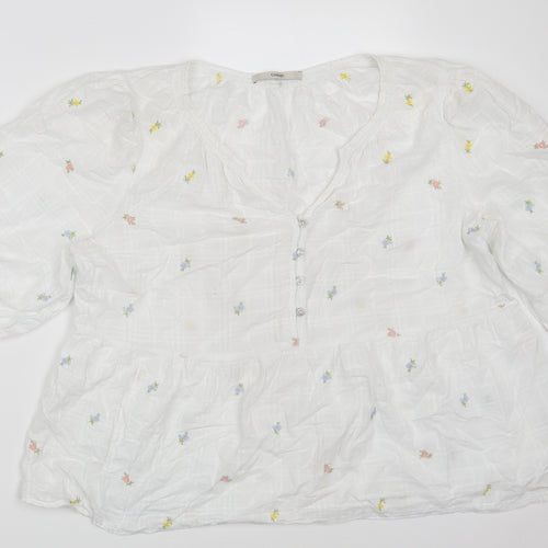 George Womens White Floral Cotton Basic Blouse Size 16 V-Neck