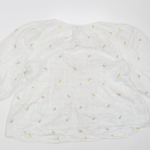 George Womens White Floral Cotton Basic Blouse Size 16 V-Neck