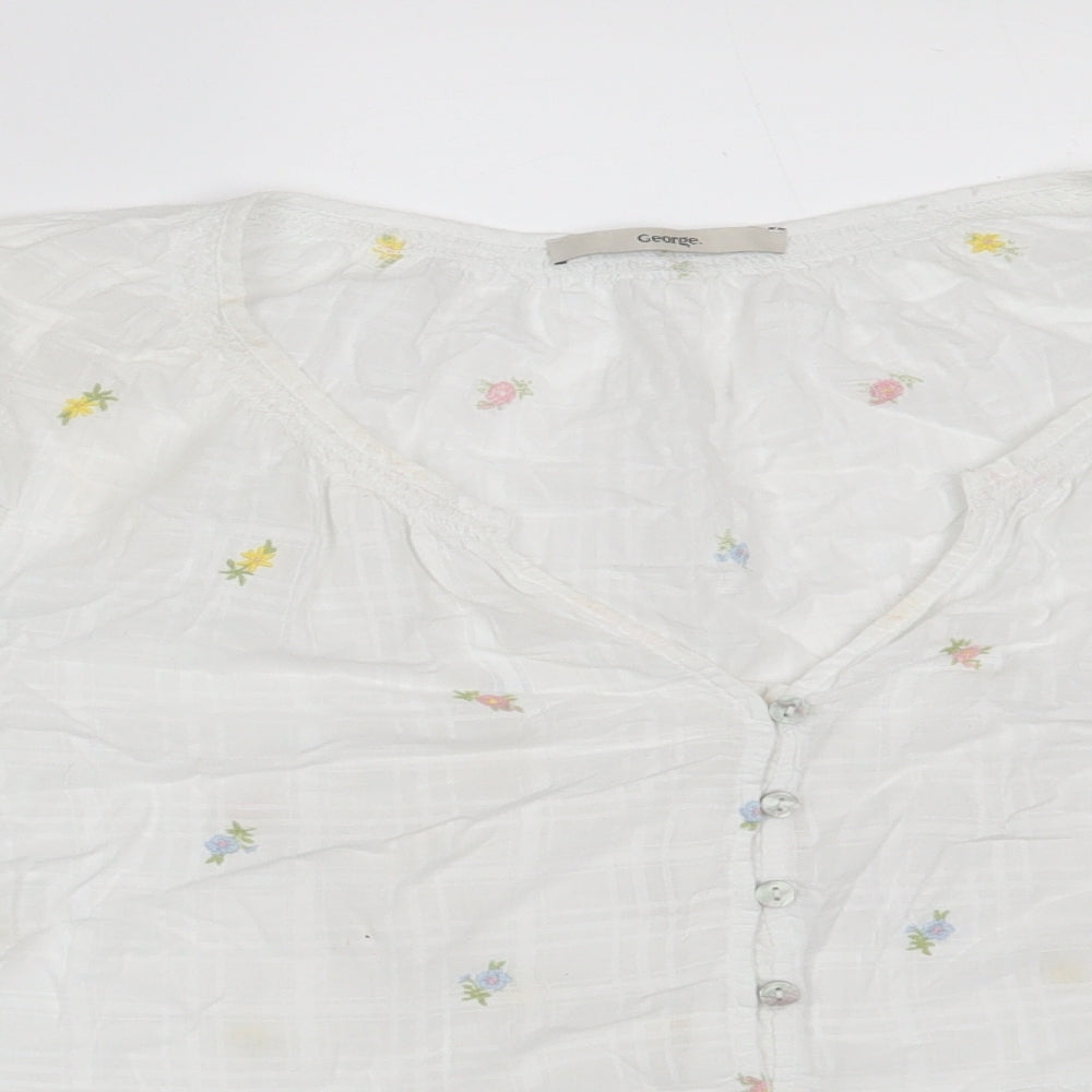 George Womens White Floral Cotton Basic Blouse Size 16 V-Neck