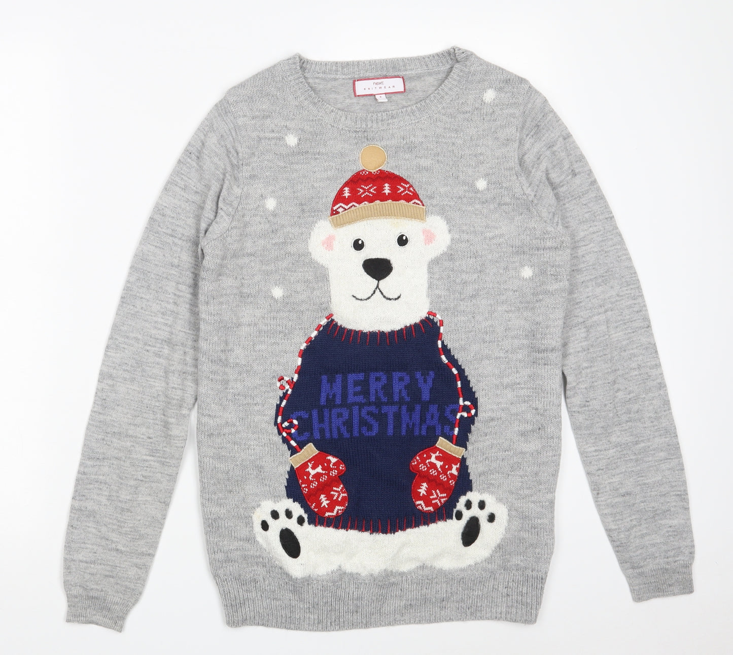 NEXT Womens Grey Round Neck  Acrylic Pullover Jumper Size 8   - Christmas JUMPER