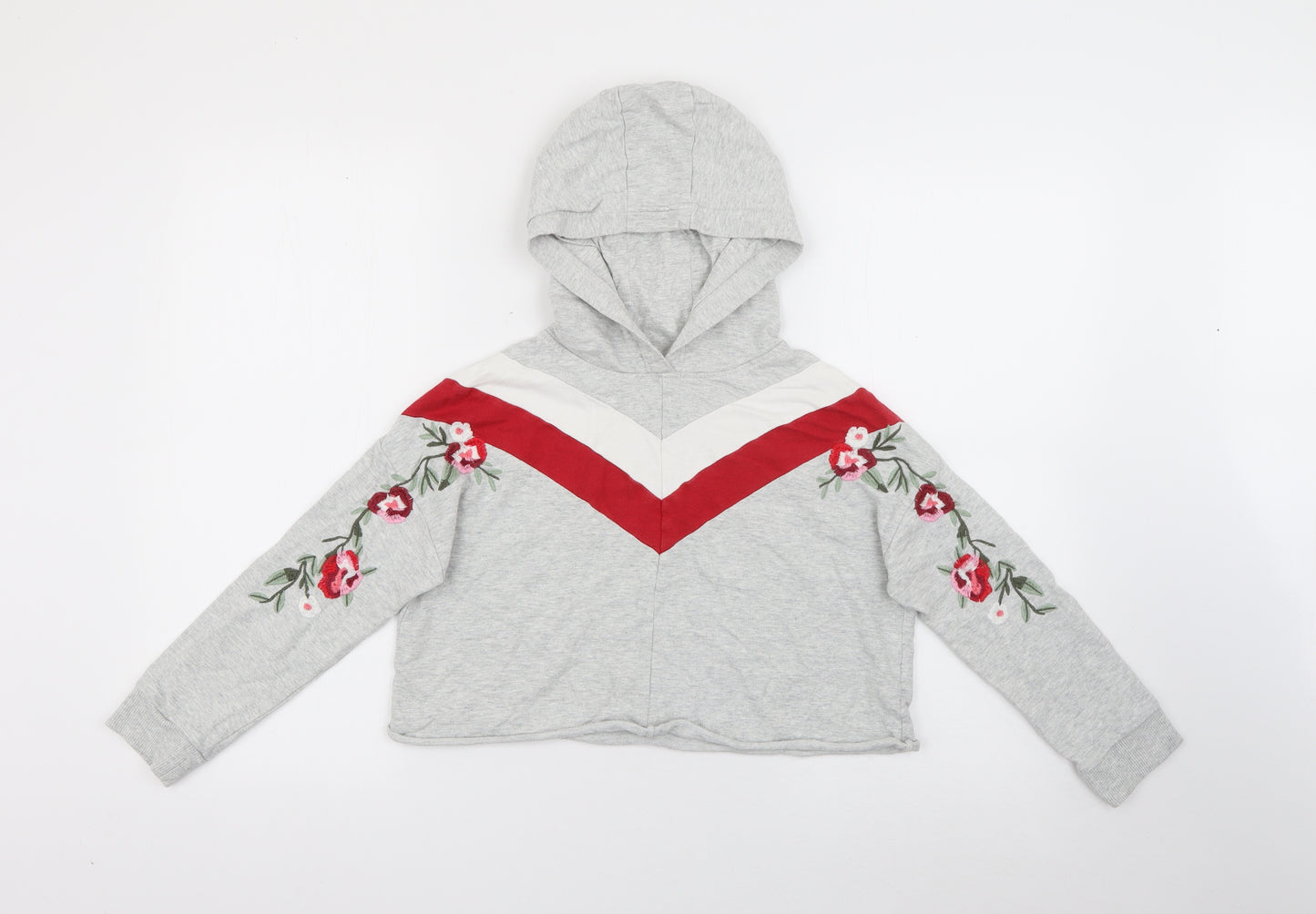 NEXT Girls Grey  Cotton Pullover Hoodie Size 9 Years   - Floral Embroidery