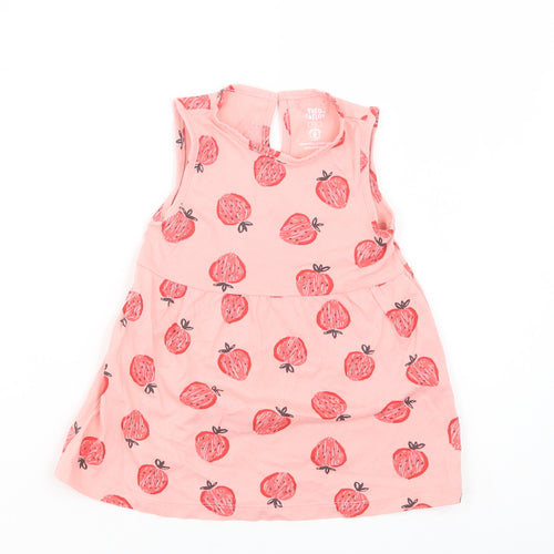 F&F Baby Pink Geometric Cotton A-Line  Size 6-9 Months  Crew Neck Button - Strawberry Print