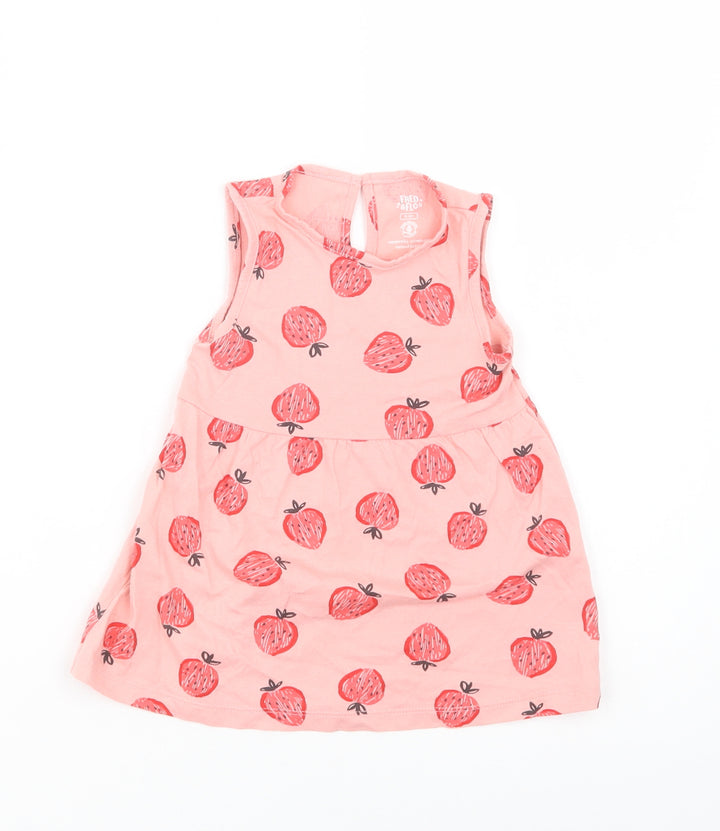 F&F Baby Pink Geometric Cotton A-Line Size 6-9 Months Crew Neck Button - Strawberry Print