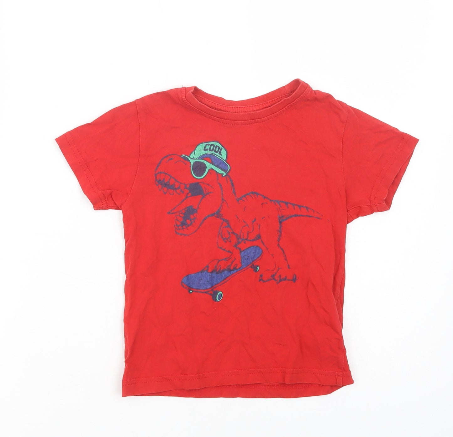 Primark Girls Red  Cotton Basic T-Shirt Size 3-4 Years Crew Neck Pullover - Cool Dino