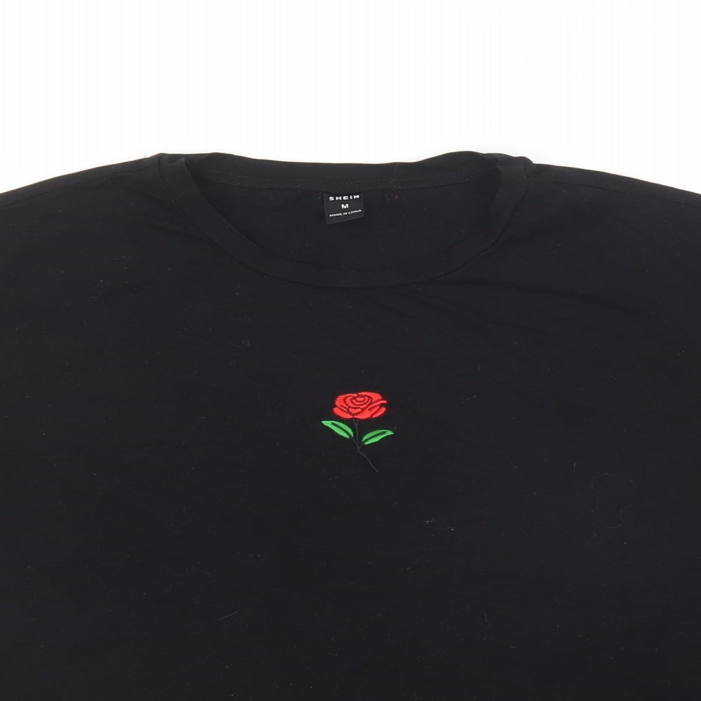 SheIn Womens Black  Cotton Basic T-Shirt Size M Crew Neck - Rose