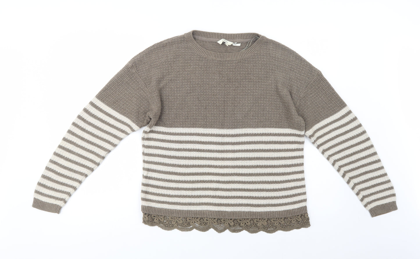 Fat Face Womens Brown Crew Neck Striped Cotton Pullover Jumper Size 14   - Lace Detail