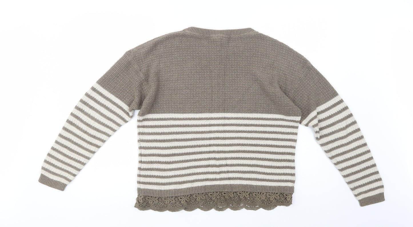Fat Face Womens Brown Crew Neck Striped Cotton Pullover Jumper Size 14   - Lace Detail