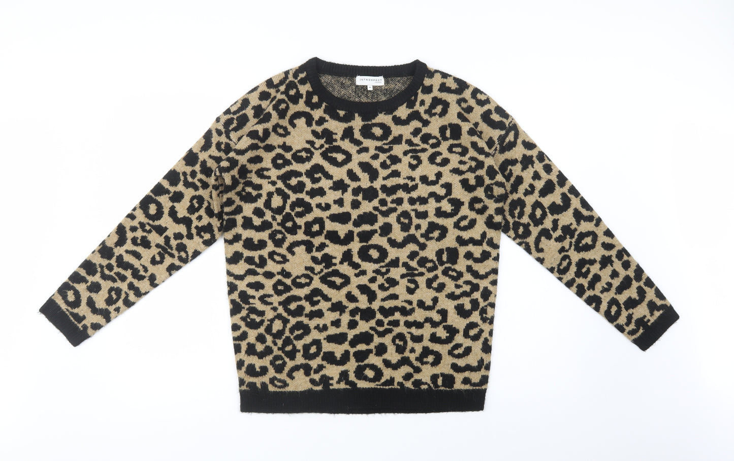 Introspect Womens Beige Crew Neck Animal Print Acrylic Pullover Jumper Size M