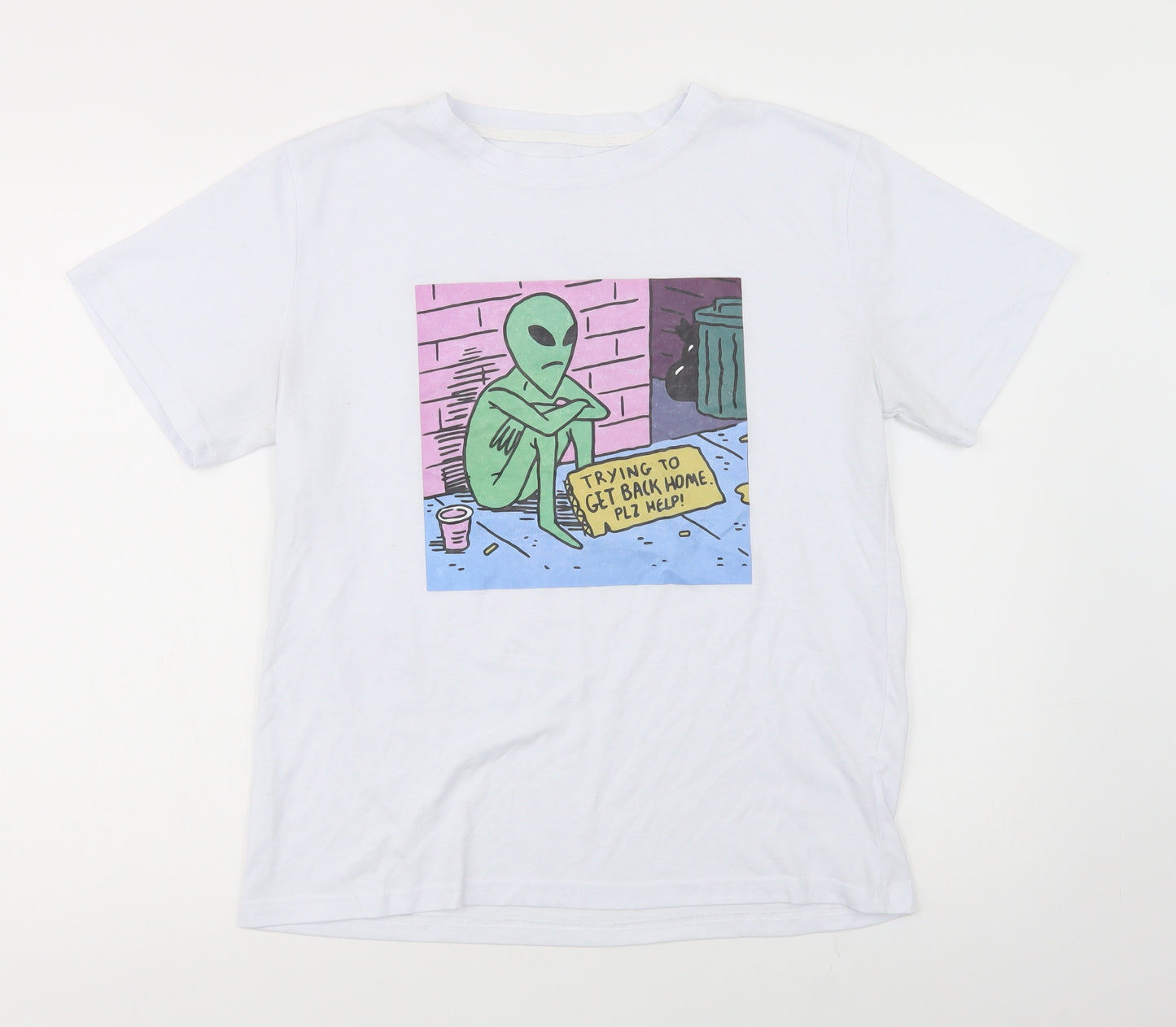 SheIn Womens White  Polyester Basic T-Shirt Size L Crew Neck - Alien