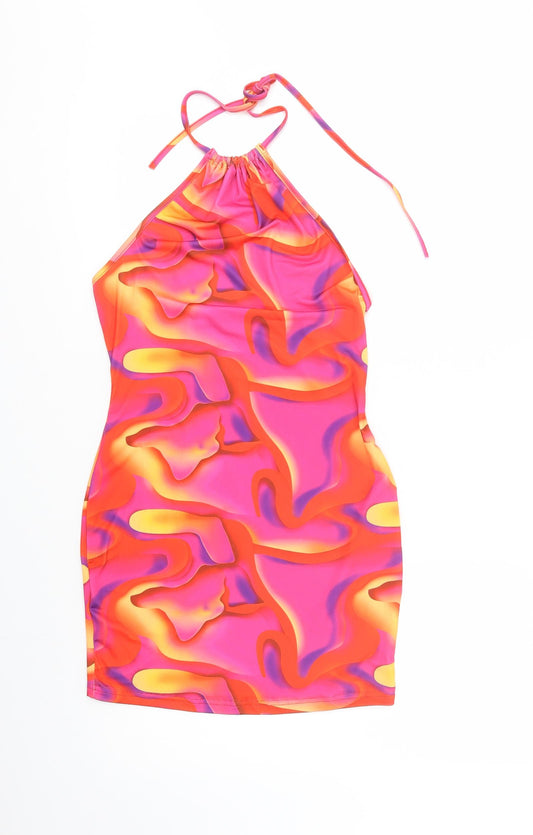 SheIn Womens Pink Geometric Polyester Mini  Size S  Halter Tie