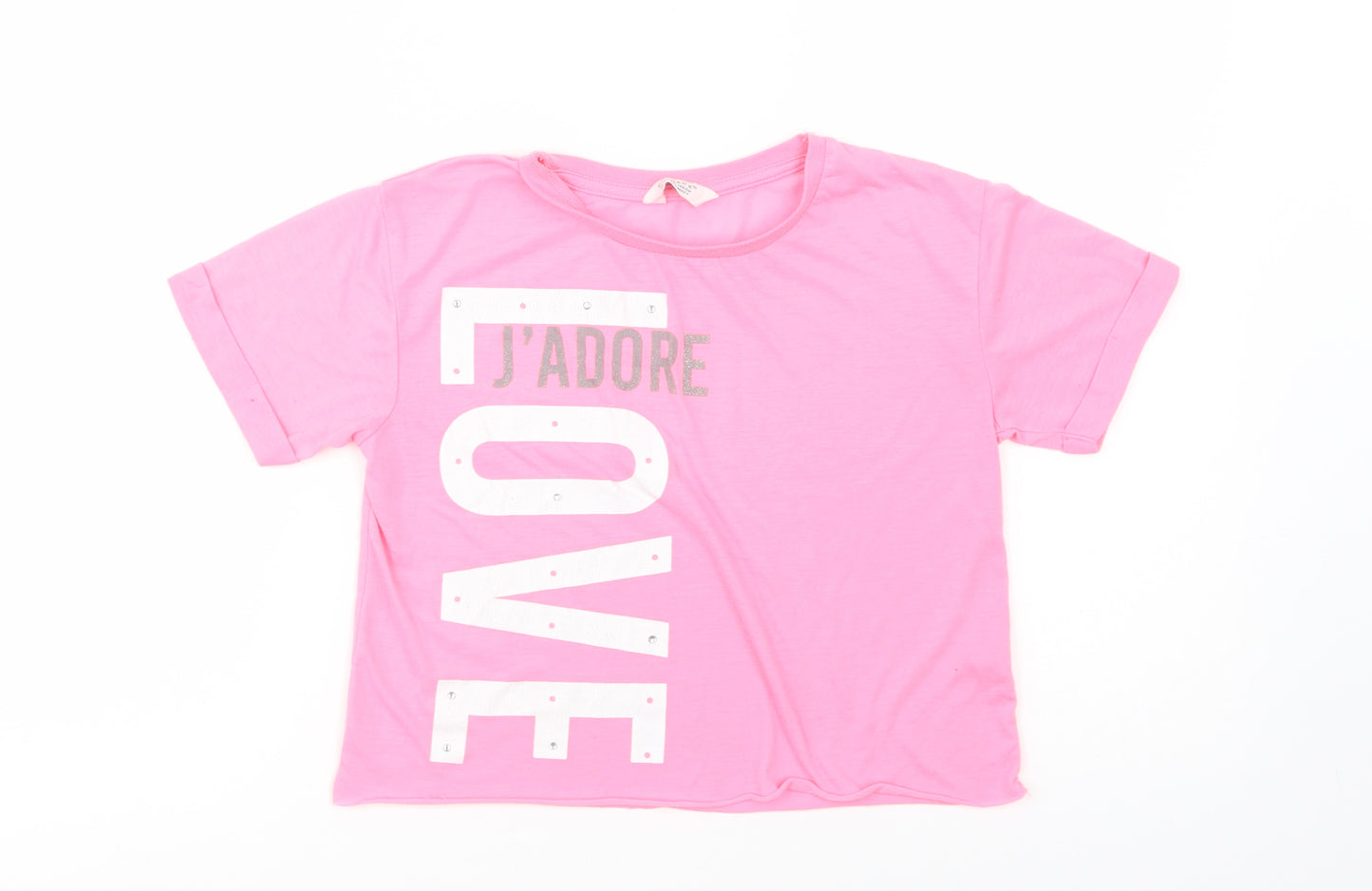 Primark Girls Pink  Polyester Cropped T-Shirt Size 10-11 Years Crew Neck Pullover - Love
