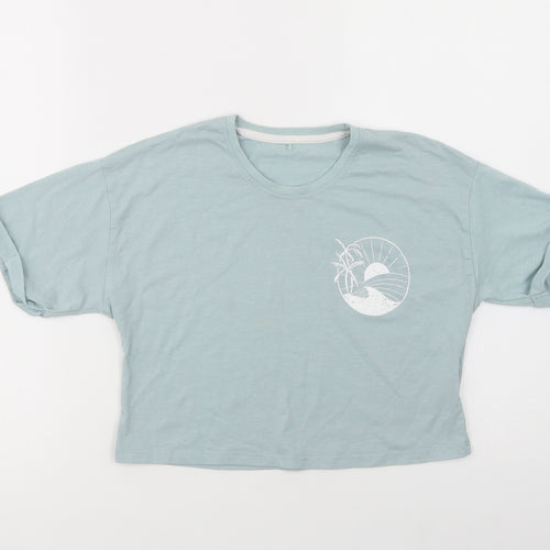 George Girls Green  Cotton Cropped T-Shirt Size 10-11 Years Crew Neck Pullover - Palm Tree & Sun