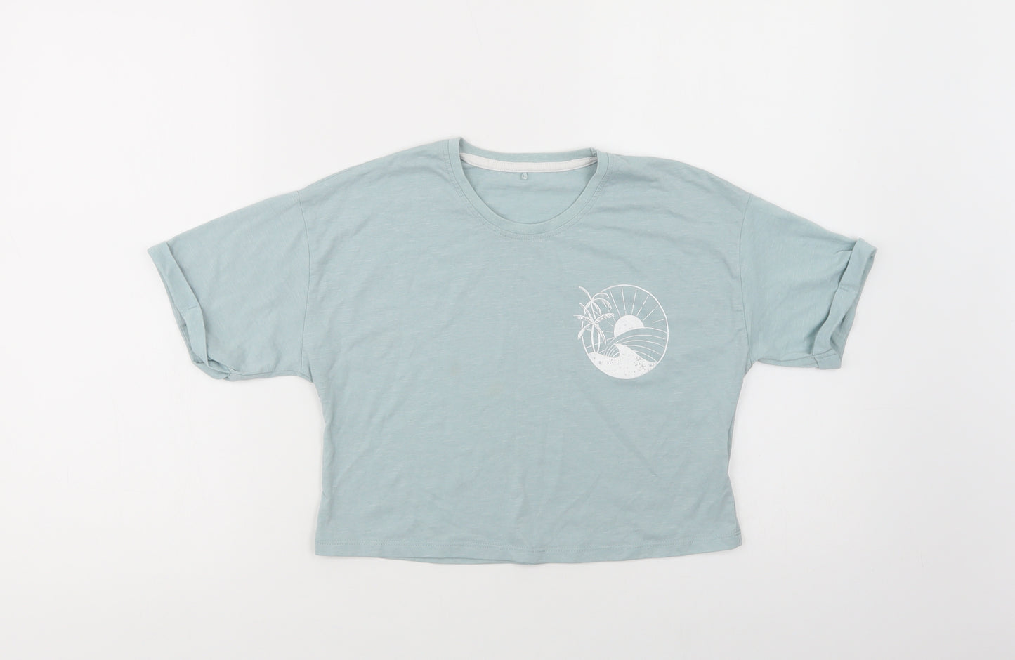 George Girls Green  Cotton Cropped T-Shirt Size 10-11 Years Crew Neck Pullover - Palm Tree & Sun
