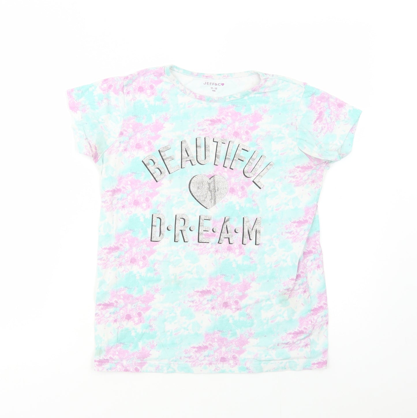 Jeff & Co Girls Multicoloured Batik Cotton Basic T-Shirt Size 11-12 Years Crew Neck Pullover - Beautiful Dream