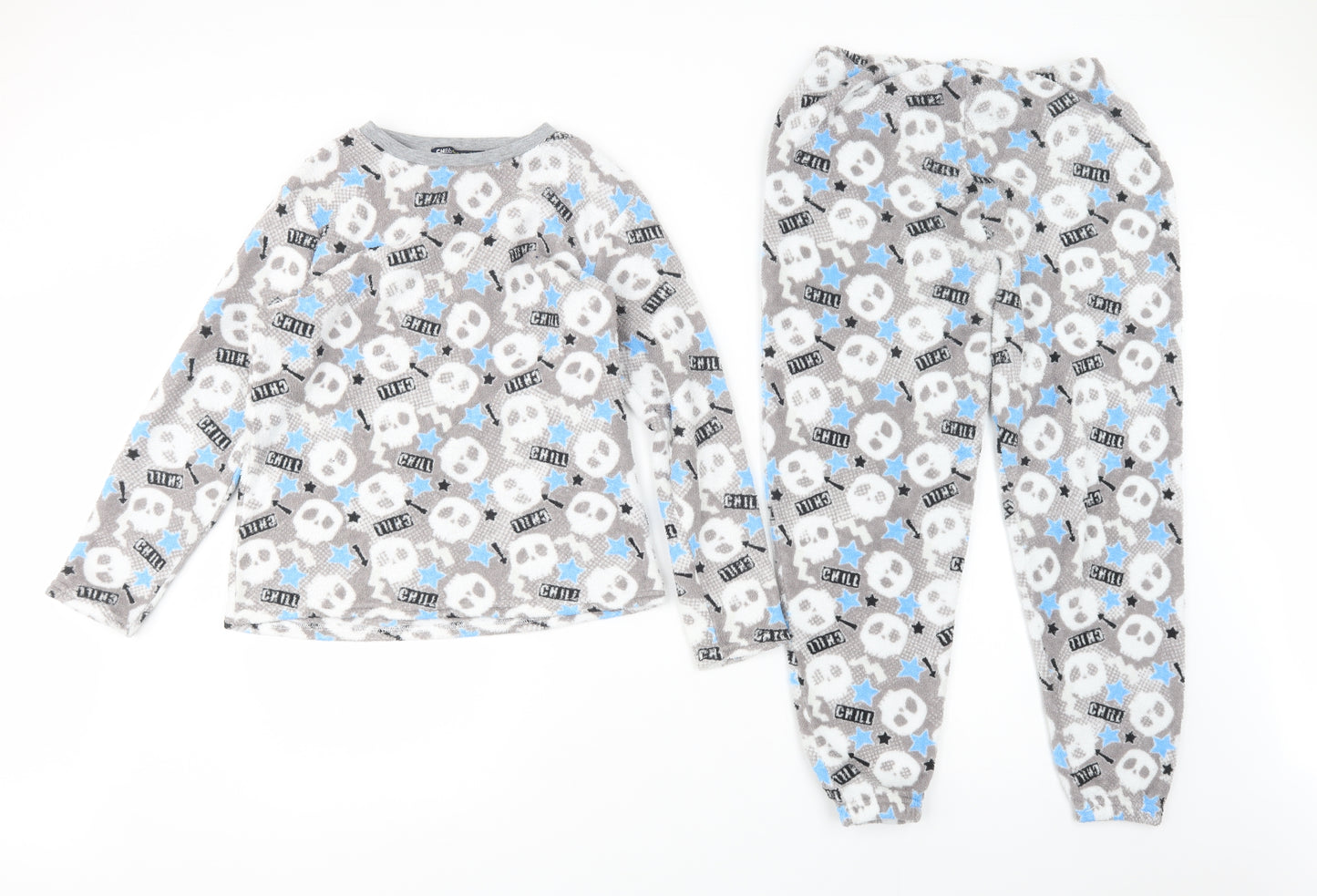 Chill Out Boys Grey Geometric Polyester  Pyjama Set Size 12-13 Years   - Skull Print