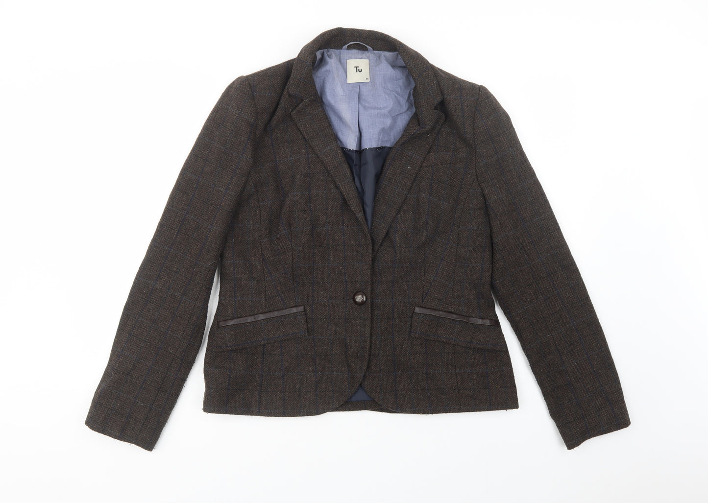 TU Womens Brown Plaid  Jacket Blazer Size 14  Button