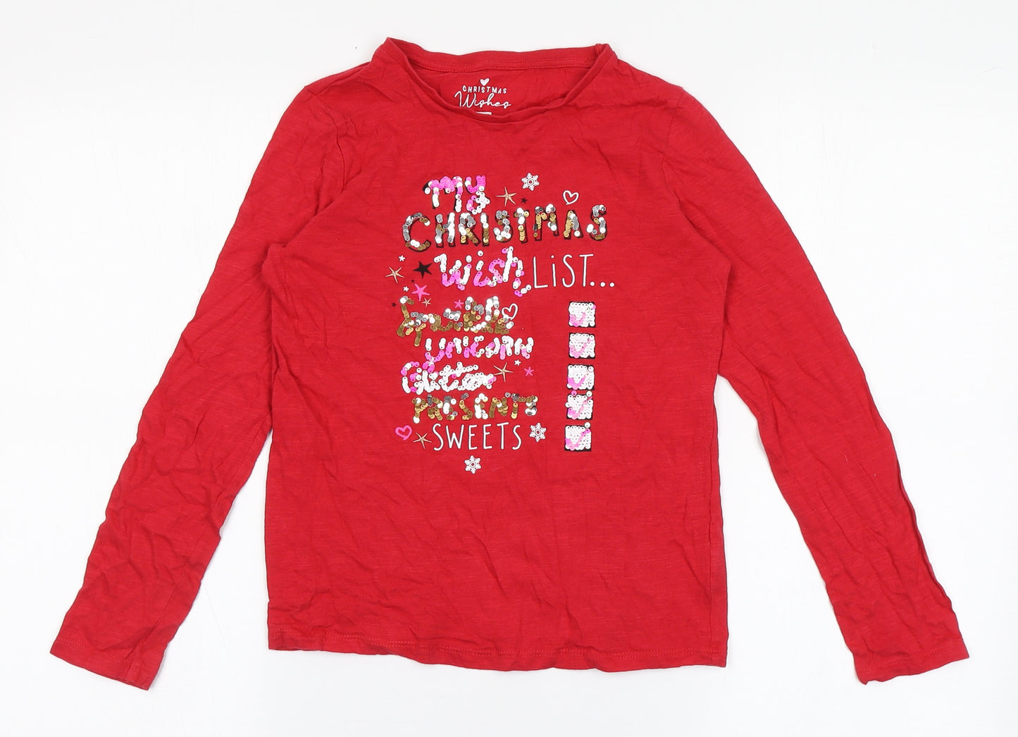 F&F Girls Red  Cotton Basic T-Shirt Size 8-9 Years Round Neck Pullover - Christmas