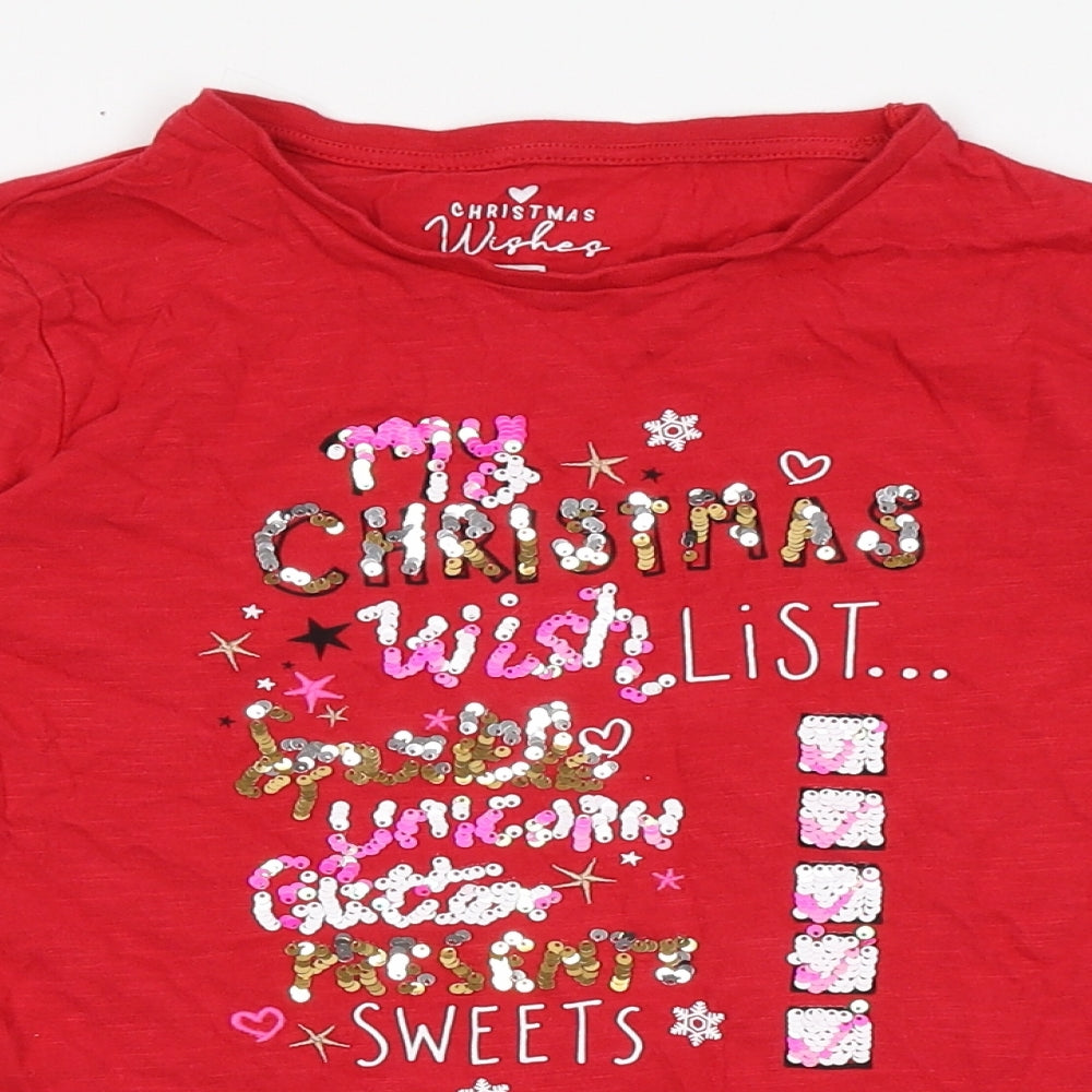 F&F Girls Red  Cotton Basic T-Shirt Size 8-9 Years Round Neck Pullover - Christmas