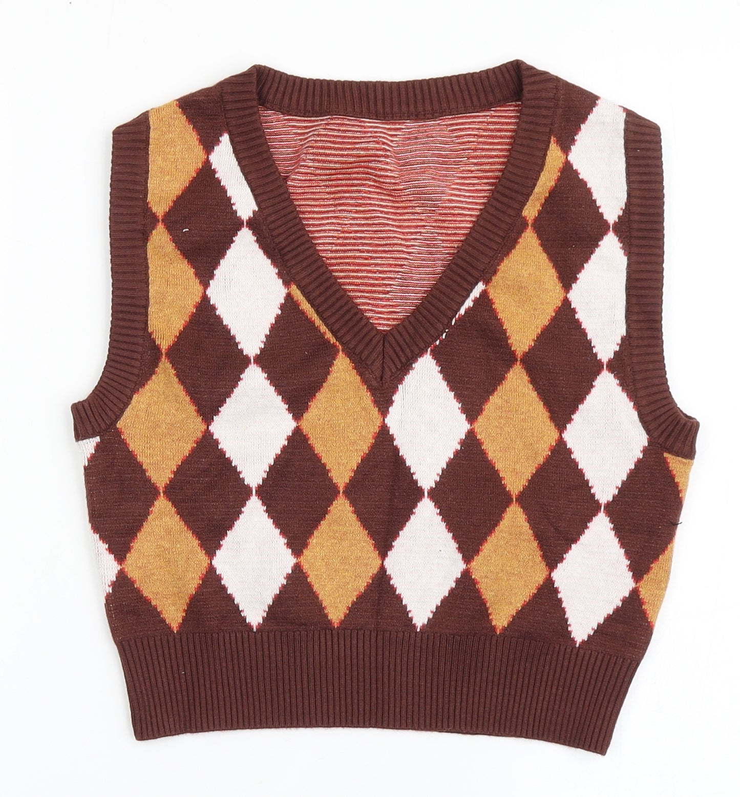 SheIn Girls Brown V-Neck Argyle/Diamond Viscose Vest Jumper Size M  Pullover