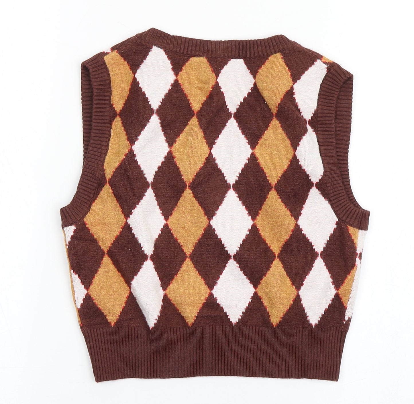 SheIn Girls Brown V-Neck Argyle/Diamond Viscose Vest Jumper Size M  Pullover