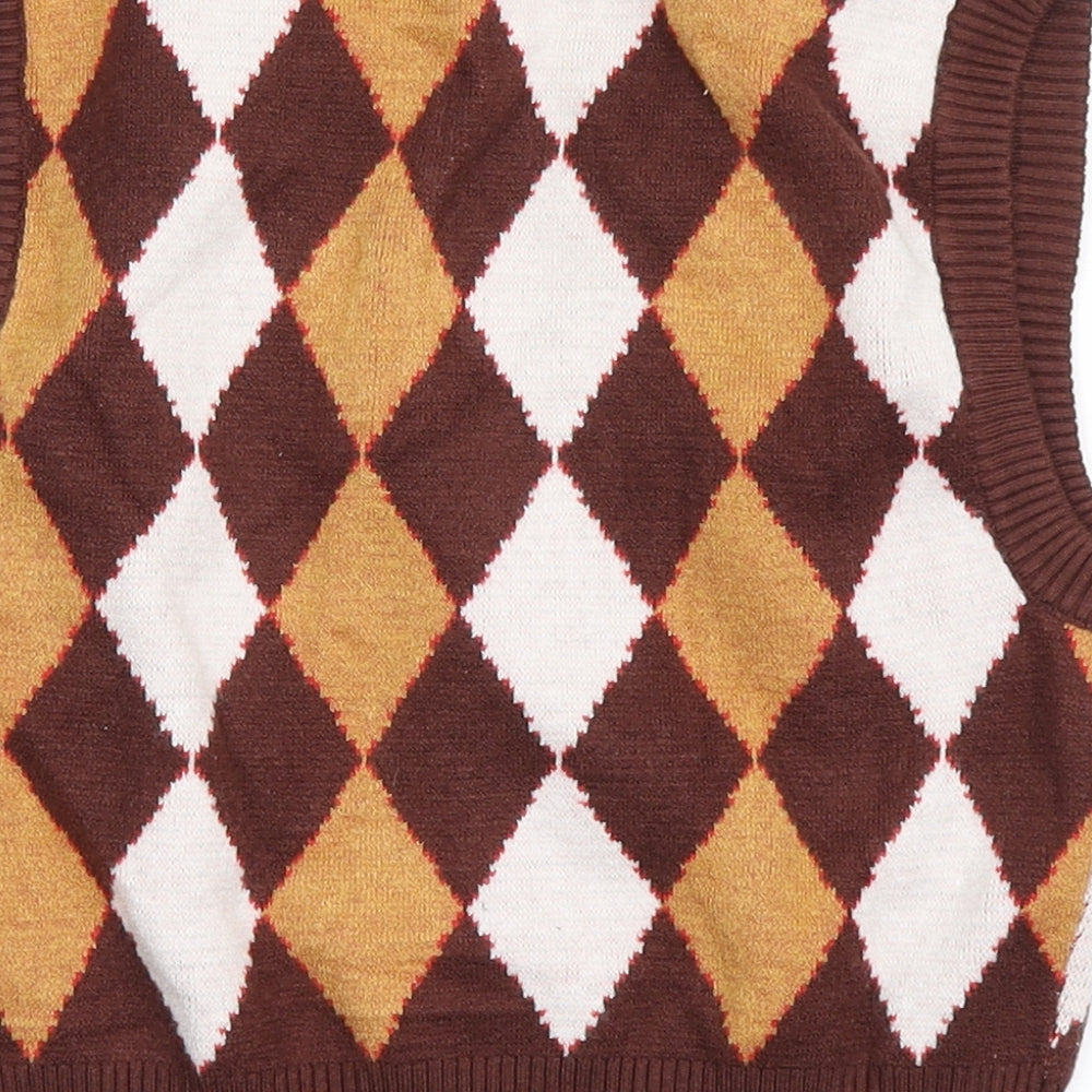 SheIn Girls Brown V-Neck Argyle/Diamond Viscose Vest Jumper Size M  Pullover