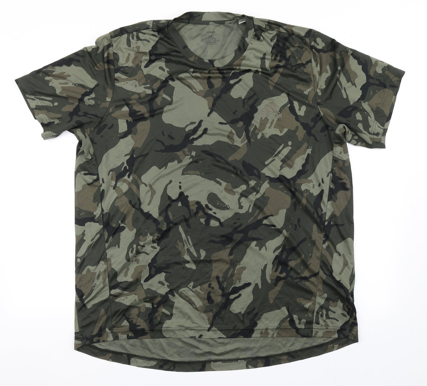 adidas Mens Green Camouflage Polyester Basic T-Shirt Size XL Round Neck Pullover