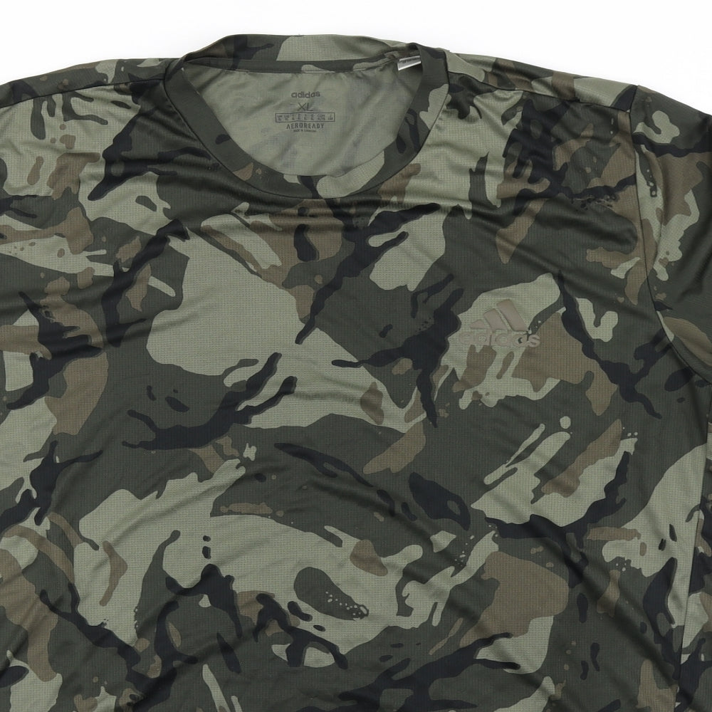 adidas Mens Green Camouflage Polyester Basic T-Shirt Size XL Round Neck Pullover