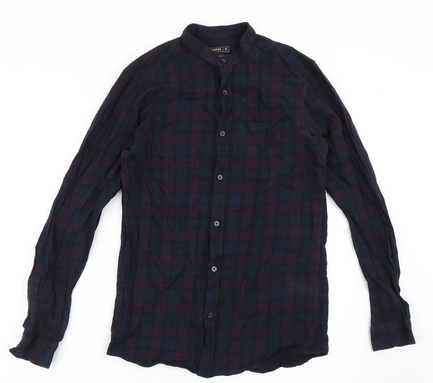 Peacocks Mens Purple Check Cotton  Button-Up Size S Round Neck Button