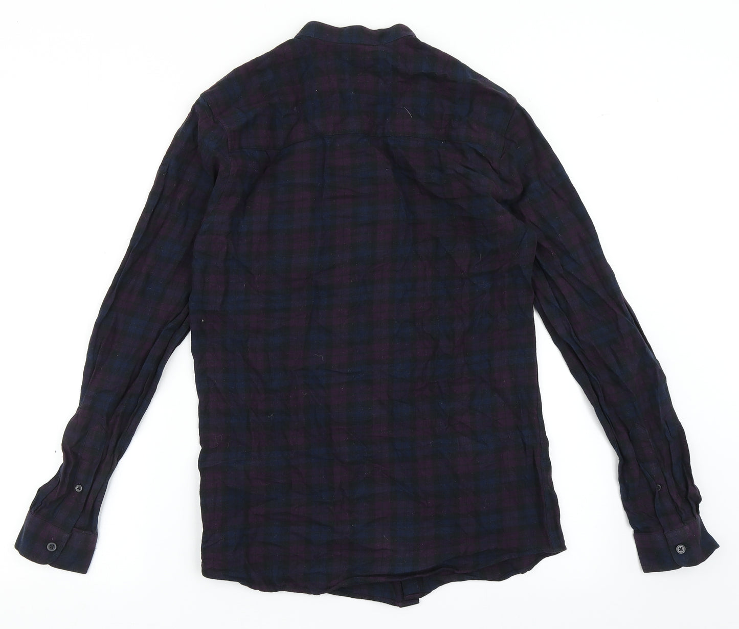 Peacocks Mens Purple Check Cotton  Button-Up Size S Round Neck Button