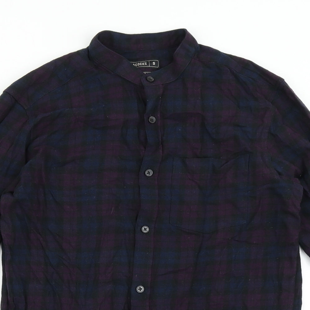 Peacocks Mens Purple Check Cotton  Button-Up Size S Round Neck Button