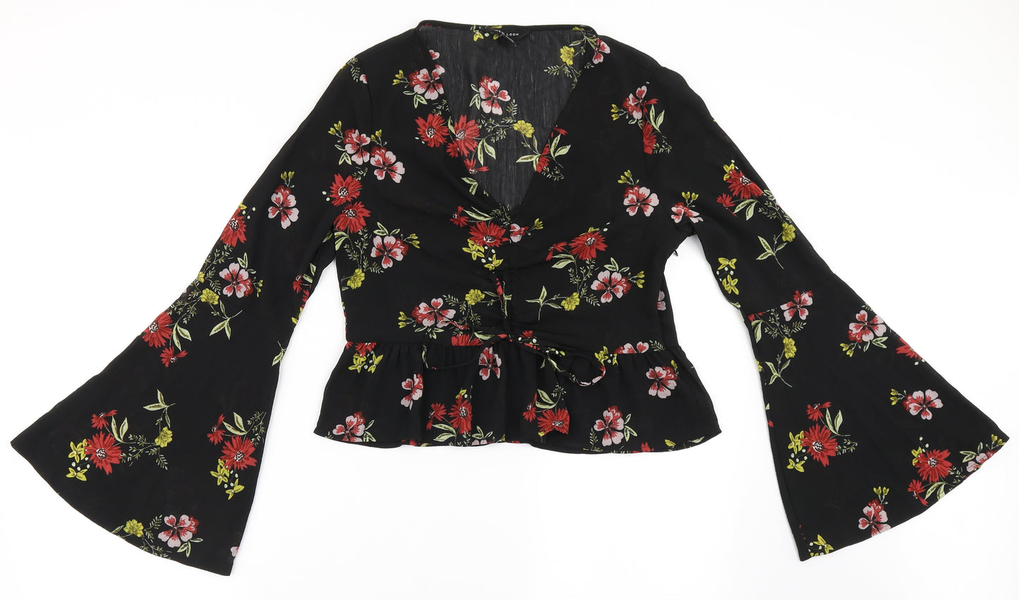 New Look Womens Black Floral Polyester Basic Blouse Size 10 V-Neck - Bell Sleeve