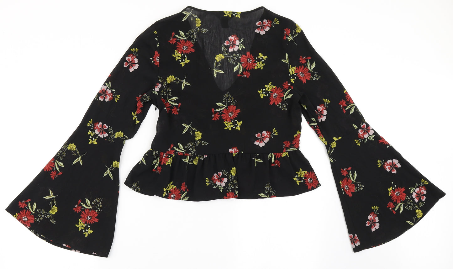 New Look Womens Black Floral Polyester Basic Blouse Size 10 V-Neck - Bell Sleeve