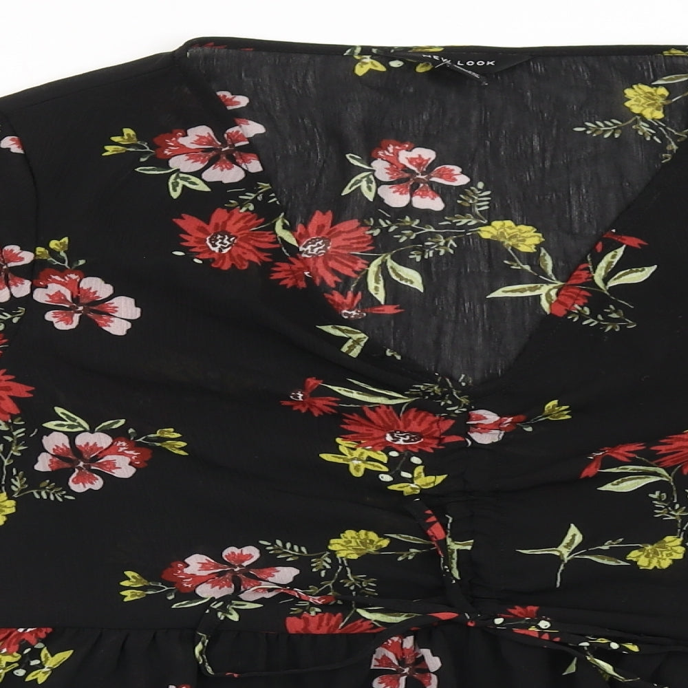 New Look Womens Black Floral Polyester Basic Blouse Size 10 V-Neck - Bell Sleeve