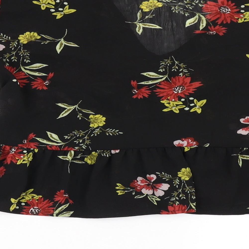 New Look Womens Black Floral Polyester Basic Blouse Size 10 V-Neck - Bell Sleeve