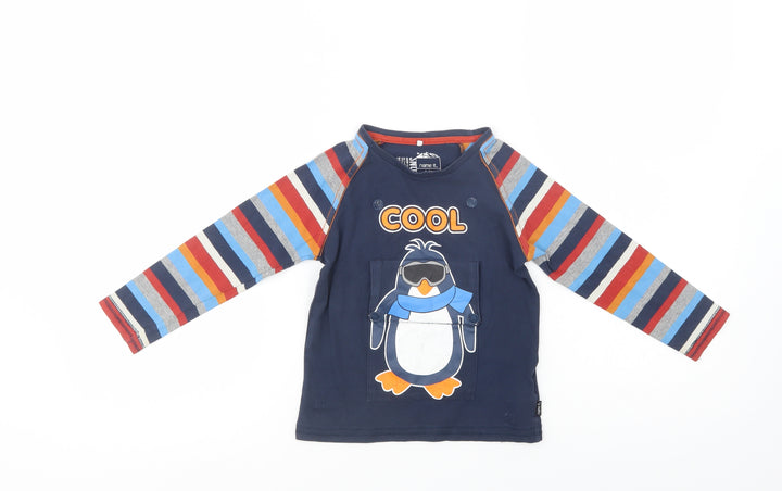 name it Boys Blue Striped Cotton Pullover T-Shirt Size 2-3 Years Crew Neck Pullover - Penguin