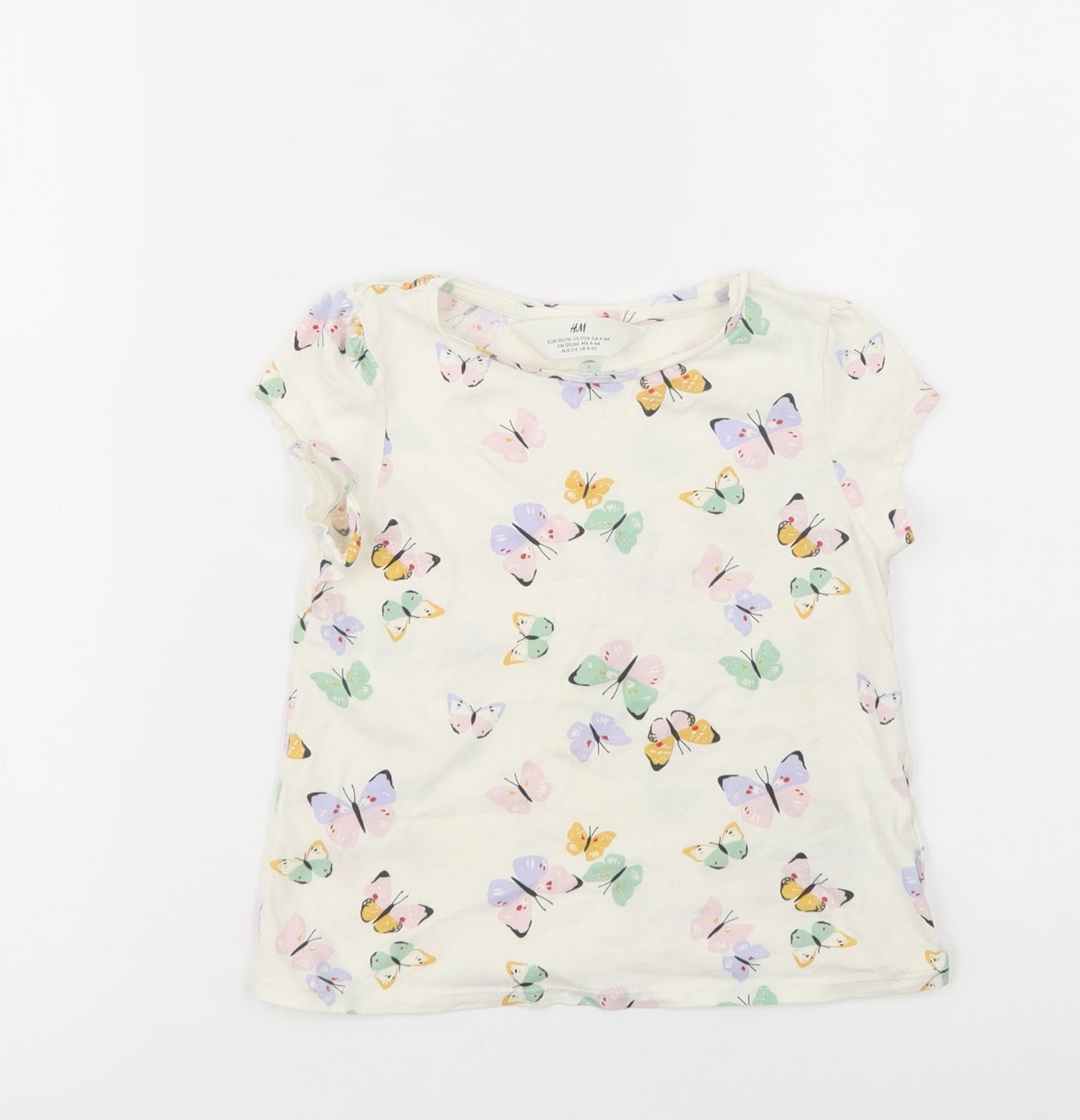 H&M Girls White Geometric Cotton Pullover T-Shirt Size 4-5 Years Crew Neck Pullover - Butterfly Print