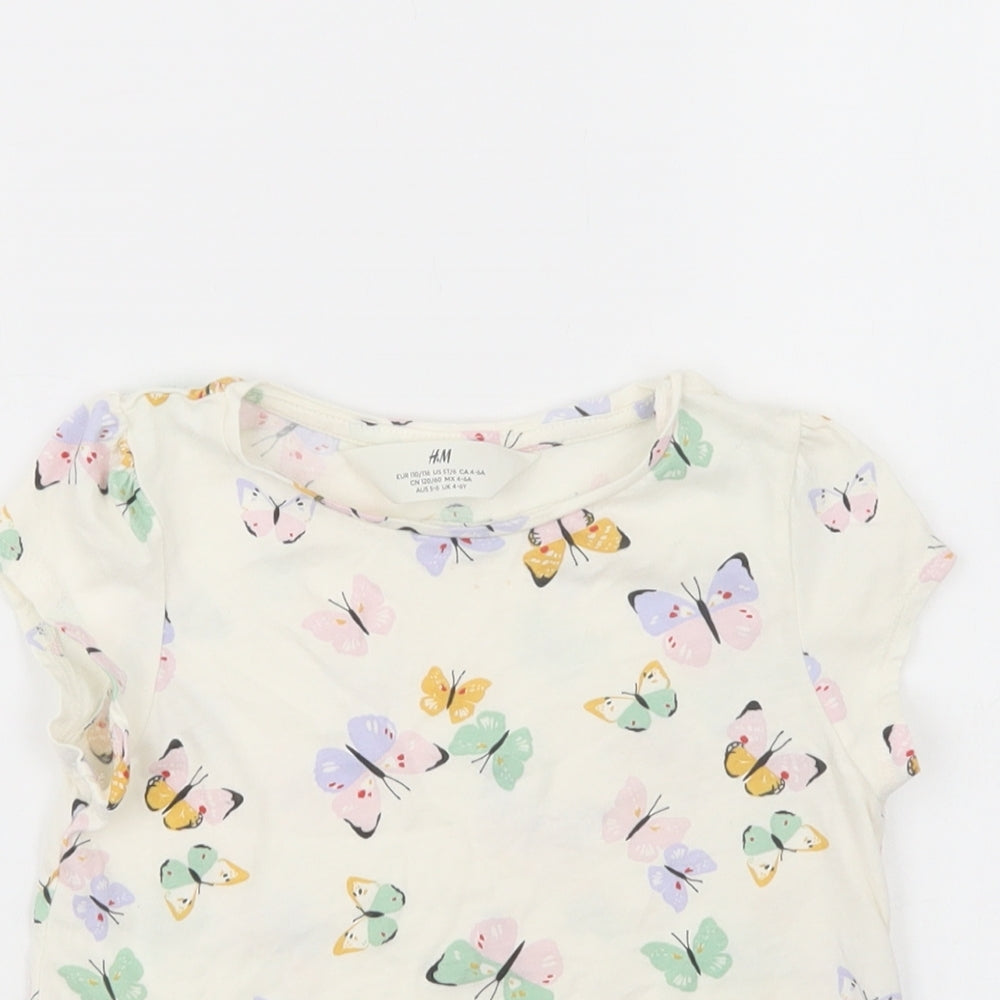 H&M Girls White Geometric Cotton Pullover T-Shirt Size 4-5 Years Crew Neck Pullover - Butterfly Print