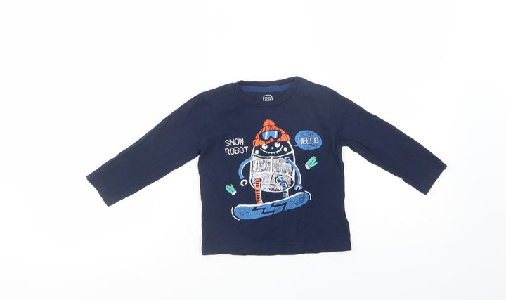 Cool Club Boys Blue Cotton Basic T-Shirt Size 2 Years Crew Neck Pullover - Snow Robot