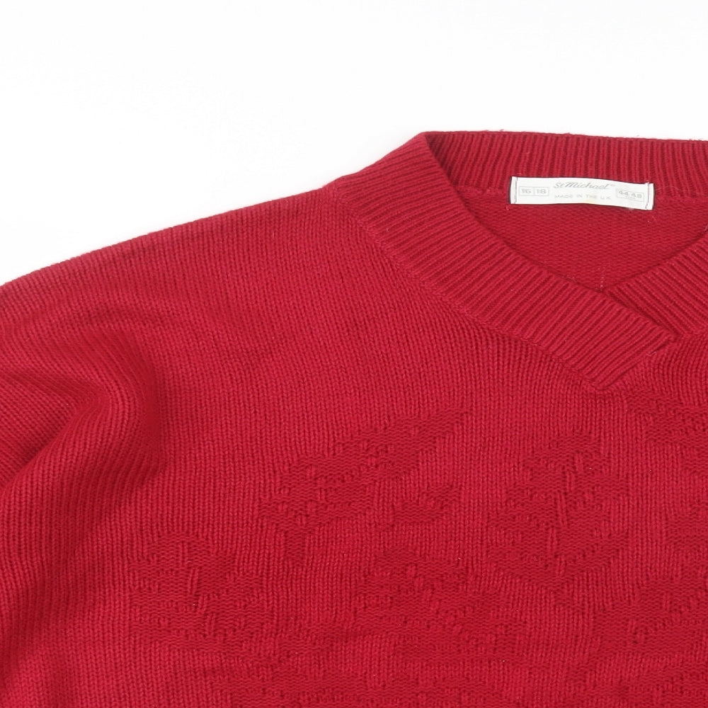 St Michael Womens Red V-Neck  Acrylic Pullover Jumper Size 16