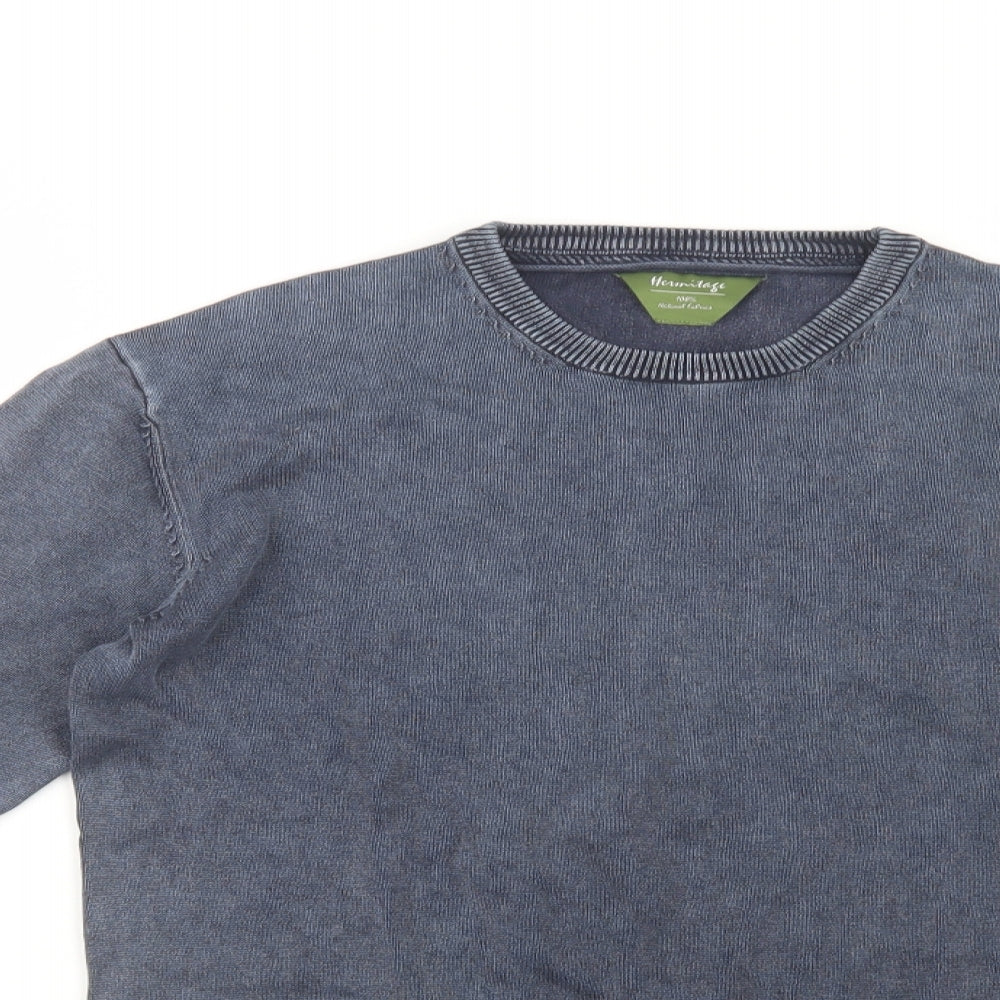 Hermitage Mens Blue Crew Neck  Cotton Pullover Jumper Size S