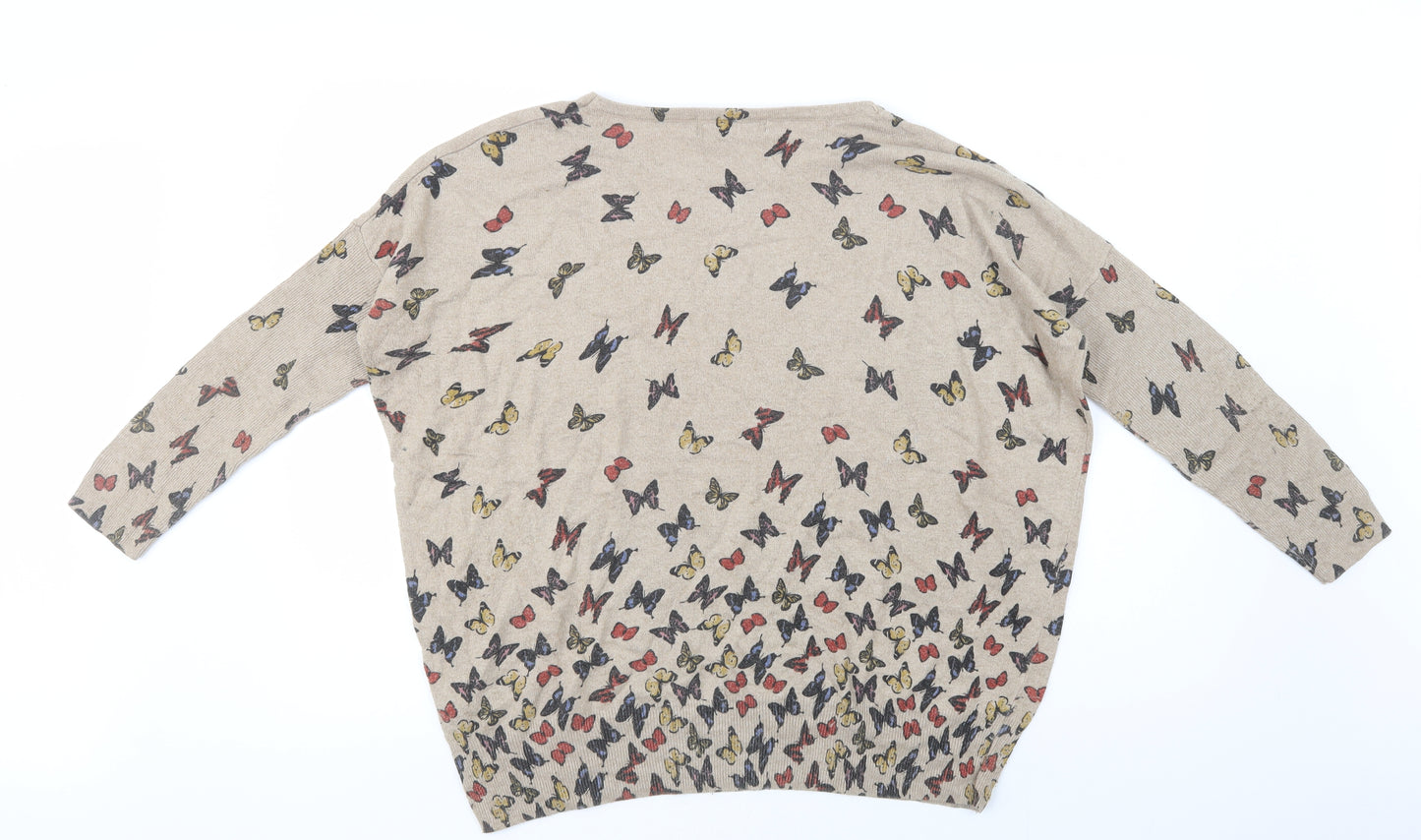 Mela Loves London Womens Beige Crew Neck Geometric Polyamide Pullover Jumper Size M   - Butterfly Print