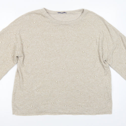 Zara Womens Beige Crew Neck  Viscose Pullover Jumper Size M